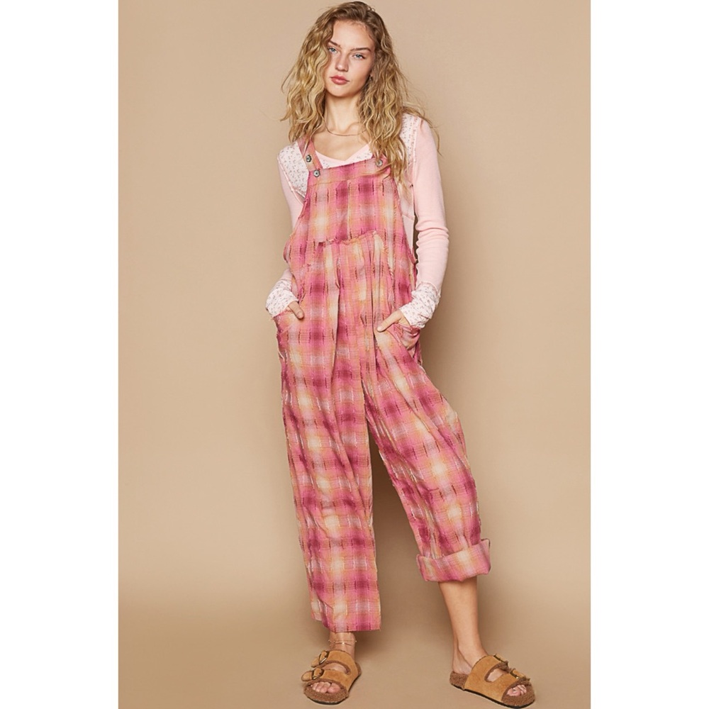 POL Red Pink Washed Cotton Plaid Overalls - Picture 7 of 7